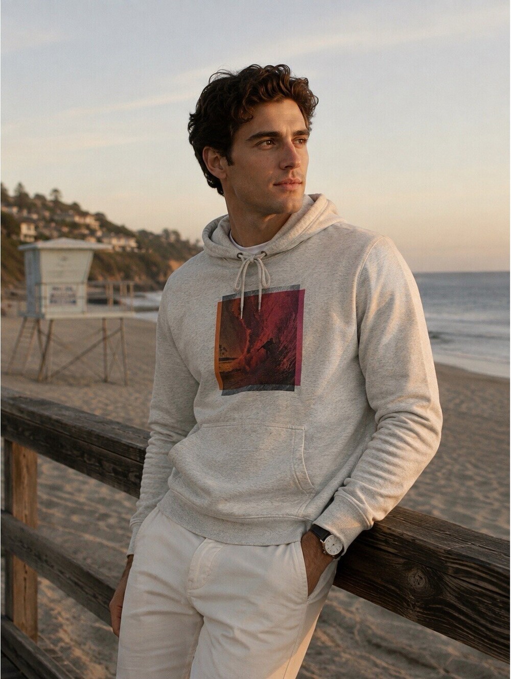 Vintage Y2K Gap Men’s XL Surf Wave Graphic Hoodie Gray Pullover Sweatshirt